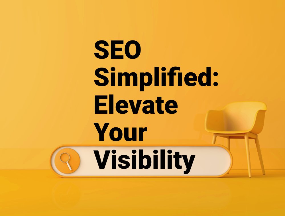 Yellow-themed image featuring a chair next to a search bar, symbolizing simplified Search Engine Optimization SEO for enhanced visibility.
