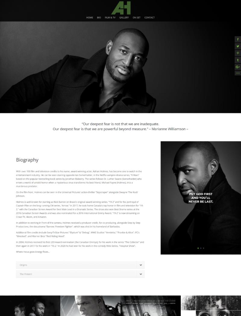 Actor Adrian Holmes showcasing his versatility and captivating performances on his landing page.